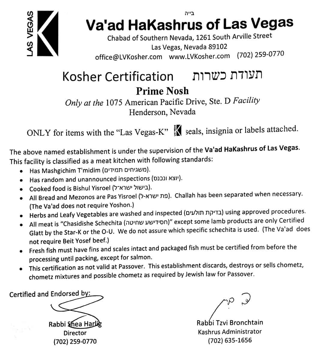 Va'ad HaKashrus of Las Vegas Certificate for Prime Nosh